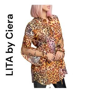 LITA by Ciera womens small cheetah swirl silk shirt dress cute lux mini open sle